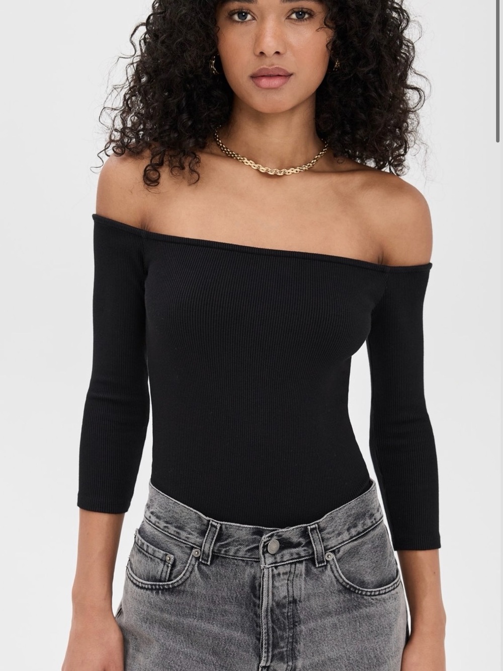 L'AGENCE Black Off-Shoulder Ribbed Bodysuit